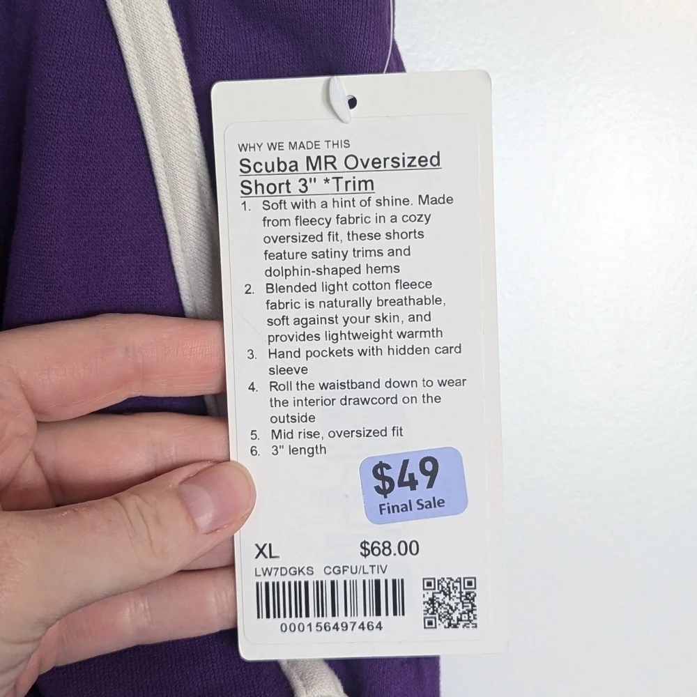 Lululemon NWT Scuba Mid Rise Oversized Shorts - College Purple sz XL